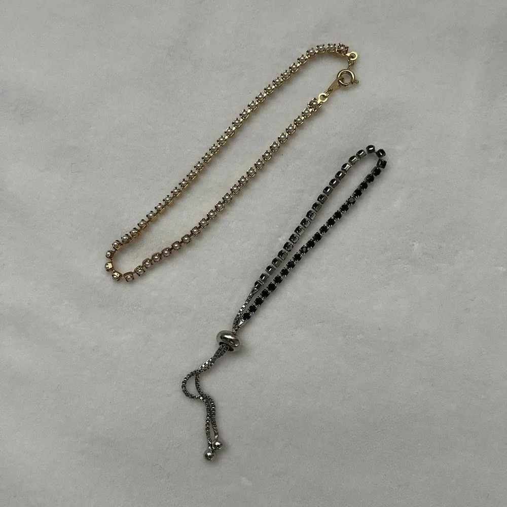 Black Pearl Tennis Lot 2 Bracelet Set Black Silver Gold Tone Faux Pearl Delicate